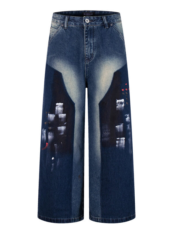 Hip-hop Style Dyed Graffiti Denim Pants for Men and Women, High Street Fashion, Straight Leg, Loose Fit, Casual Long Pants