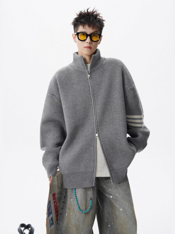 Style Stand Collar Open Front Knit Sweater Men's Winter Fashion Trendy Stripe Knitted Cardigan High Street Casual Loose Fit Couple Outerwear