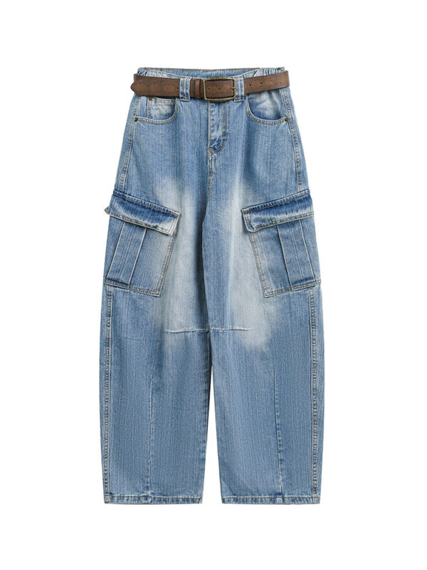Multi-Pocket Loose Straight Leg Wide Leg Washed Cargo Denim Pants