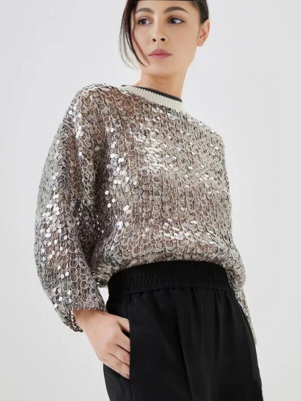 Spring Summer Heavy Fish Scale Sequins Hollow Round Neck Long Sleeve Women's t-shirt  Simple Casual top for women