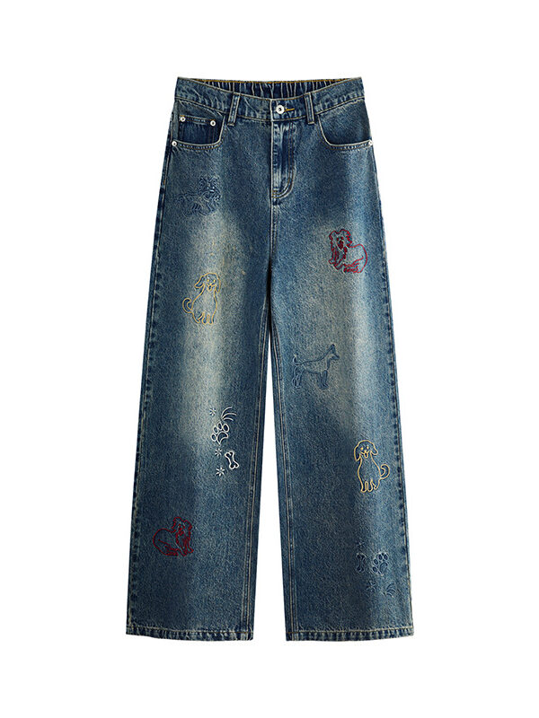 Dog Embroidered Wide Leg Jeans