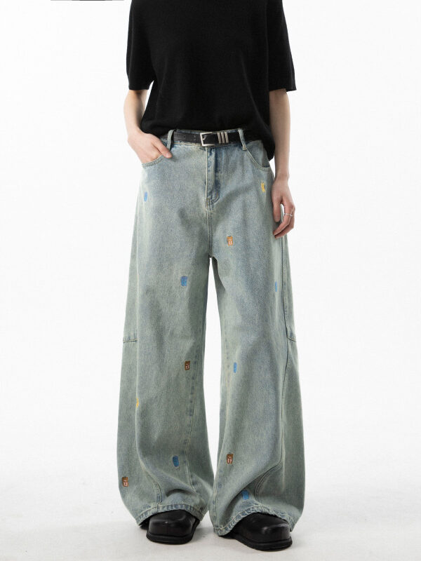 Cartoon teddy bear embroidered jeans