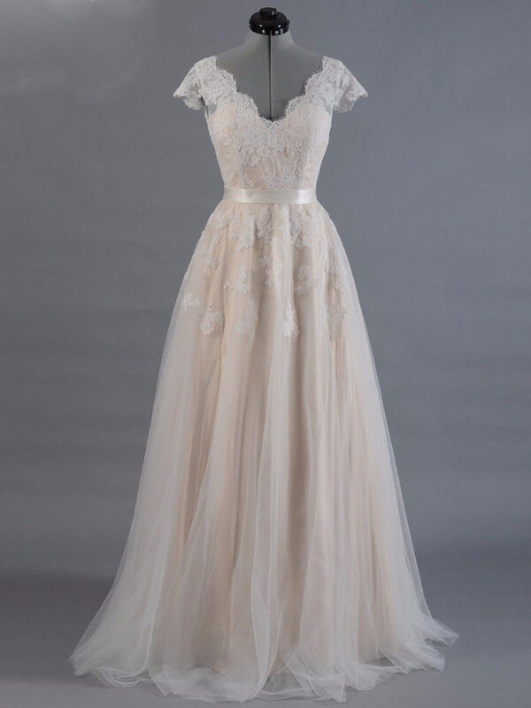 Vestido de novia Lace A-line Wedding dress Cap sleeve V-back Bridal gown Lace with Tulle