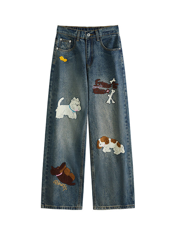 Puppy patchwork embroidered washed denim jeans