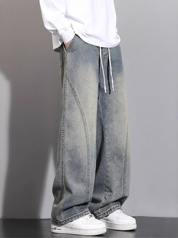 Jeans Men Autumn Winter Loose Straight Leg Pants Vintage Wide Leg Pants Men Youth Asymmetric Deconstruction Trousers