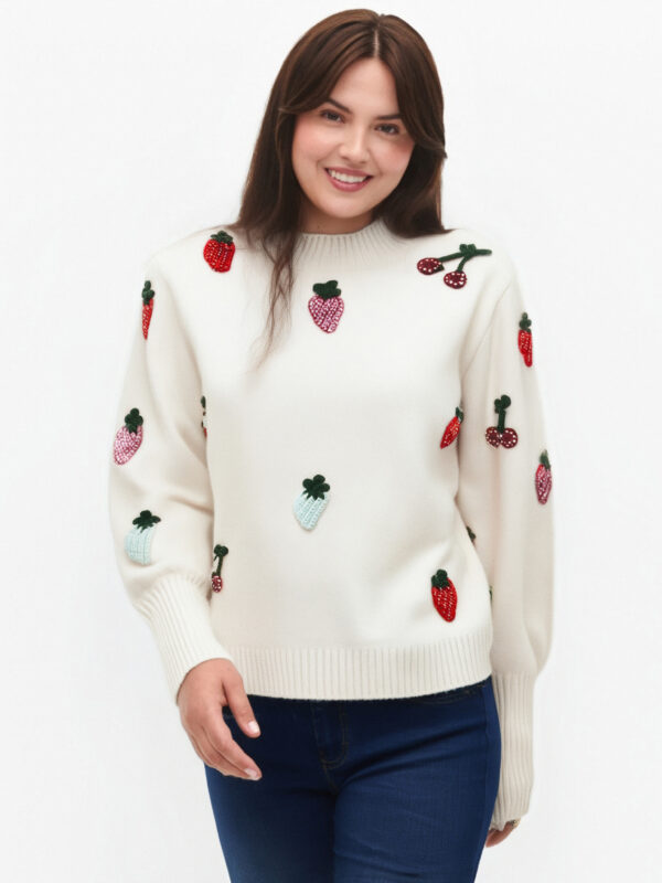 Strawberry Crochet Knit Sweater Pullover Women Half High Collar Long Sleeve Tops Knitwear Spring Stylish Fashion Chic Jumpe