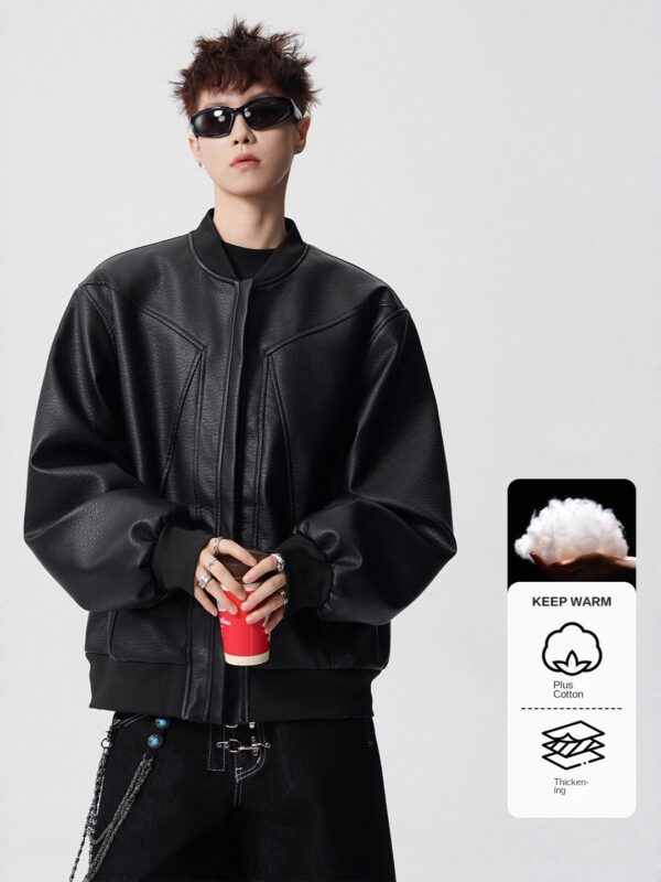 Style Patchwork Baseball Collar Jacket for Men and Women Loose Casual Cotton-Padded Outerwear High Street Streetwear Stand-Up Collar Leather Jacket