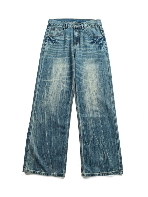 Lightning Crack Pattern Distressed Washed Denim High Waist Zipper Jeans